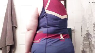 Caressing my curves in my new Captain Marvel dress!