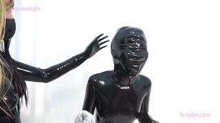 Cute latex girl hood breathplay