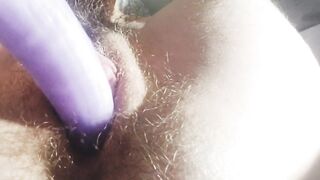 Wet Hairy Pussy Takes Giant Tongue Toy Deep inside