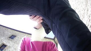 pink outfit in outdoor blowjob and oral creampie