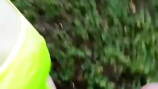 Risky Handjob Outdoor in the Forest, Huge Cum, Cumshot on Small Tits in the Public Place POV Private