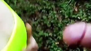 Risky Handjob Outdoor in the Forest, Huge Cum, Cumshot on Small Tits in the Public Place POV Private