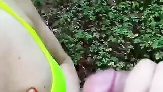 Risky Handjob Outdoor in the Forest, Huge Cum, Cumshot on Small Tits in the Public Place POV Private