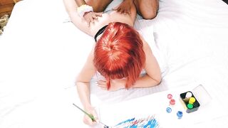 Horny Man Distracts Her Girl While Drawing - Tight Ass Redhead