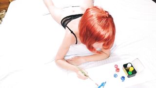 Horny Man Distracts Her Girl While Drawing - Tight Ass Redhead