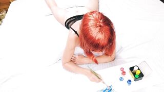 Horny Man Distracts Her Girl While Drawing - Tight Ass Redhead