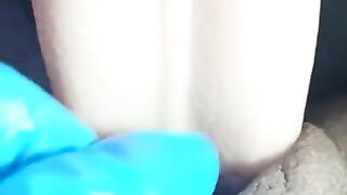 In medical gloves, fucking my pussy with a big dildo tongue