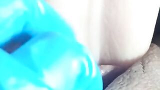 In medical gloves, fucking my pussy with a big dildo tongue