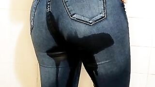 Cute bunny girl does pee on leggings