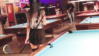 Tiny skirt and no panties was a big hit at the pool hall!