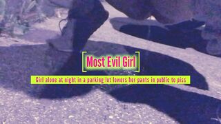 Girl alone at night in a parking lot lowers her pants in public to piss