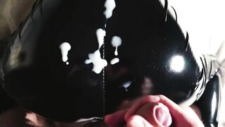 Latex milf rides me and I cum a lot on her latex back - 4k video