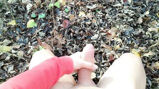 Outdoor cumshot on dry leaves ( autumn outdoor )