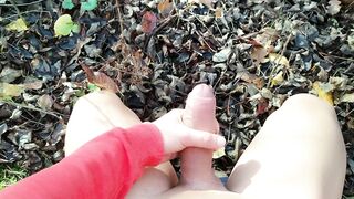 Outdoor cumshot on dry leaves ( autumn outdoor )