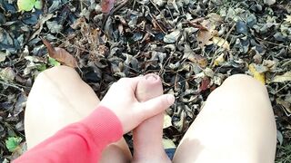 Outdoor cumshot on dry leaves ( autumn outdoor )