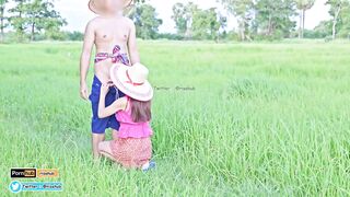 4K Thai Version Cut, Local farmers Thai have sex in the green fields and cums on her back.