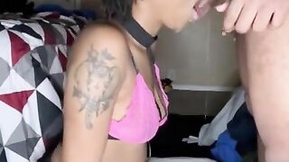 Amateur ebony milf in pink lingerie rewarded facial for giving sloppy blowjob (Snapchat: @slut_4fun)