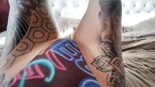 Tattoo girl masturbates pussy with fingers POV