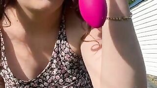 BBW masturbates with vibrating egg in pussy outdoors