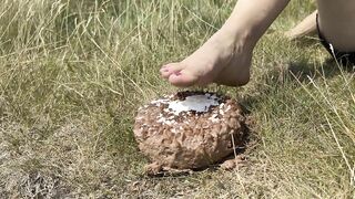 Smashing a cake with my feet. The chocolate and cream gateaux feels so nice between my toes