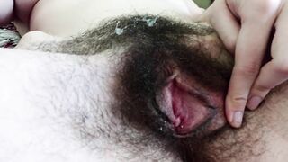 Big cum on belly, big cum shot, after sex, cum on hairy pussy