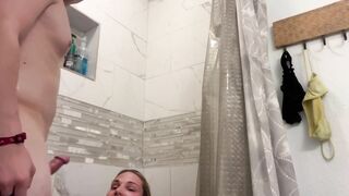 Blonde teen in the shower takes a cumshot to the face