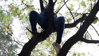 Girl climbed a tree to rub her pussy on it - Lesbian-illusion