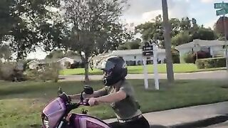 Bonnie public flashing while riding motorcycle