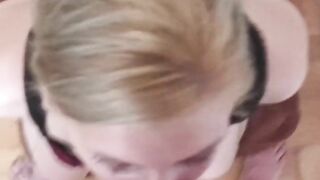 Slut WIFE Sucking Big Dick on her Knees and gets Facial and Cumshot in the Eye