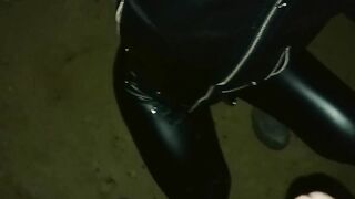 Hitchhiker girl in leather gives a quick handjob and takes a big cumshot