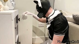 Mistress showing how submissive sissy cleaning house and licking her boots