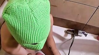 Ski mask girl smoking a cigarette and sucking cock