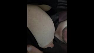 Adult male breastfeeding and playing with big tits!