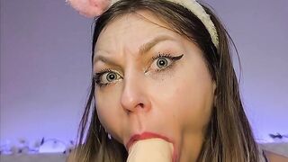 Blowjob and handjob to a HUGE dildo