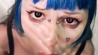 Blue-haired fairy makes sucking toy with ahegao and asks daddy to cum in her mouth