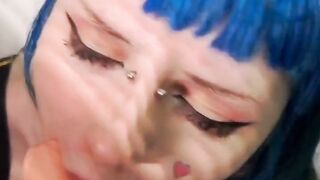 Blue-haired fairy makes sucking toy with ahegao and asks daddy to cum in her mouth