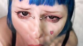 Blue-haired fairy makes sucking toy with ahegao and asks daddy to cum in her mouth