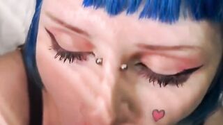 Blue-haired fairy makes sucking toy with ahegao and asks daddy to cum in her mouth