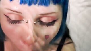 Blue-haired fairy makes sucking toy with ahegao and asks daddy to cum in her mouth