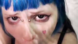 Blue-haired fairy makes sucking toy with ahegao and asks daddy to cum in her mouth