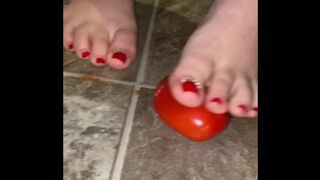 Squishing a Tomato with my TOES. BF put the phone down and fucked me in the kitchen right after this