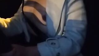 Slut wife shows tits in car in public at night