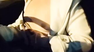 Slut wife shows tits in car in public at night