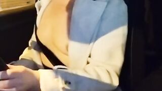 Slut wife shows tits in car in public at night