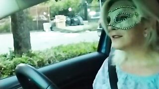 Slutty girl shows her tits in the car in public