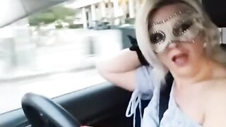 Slutty girl shows her tits in the car in public