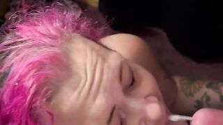 BBW stepmom MILF gets a huge facial after deep throating and gagging on daddy’s dick his POV